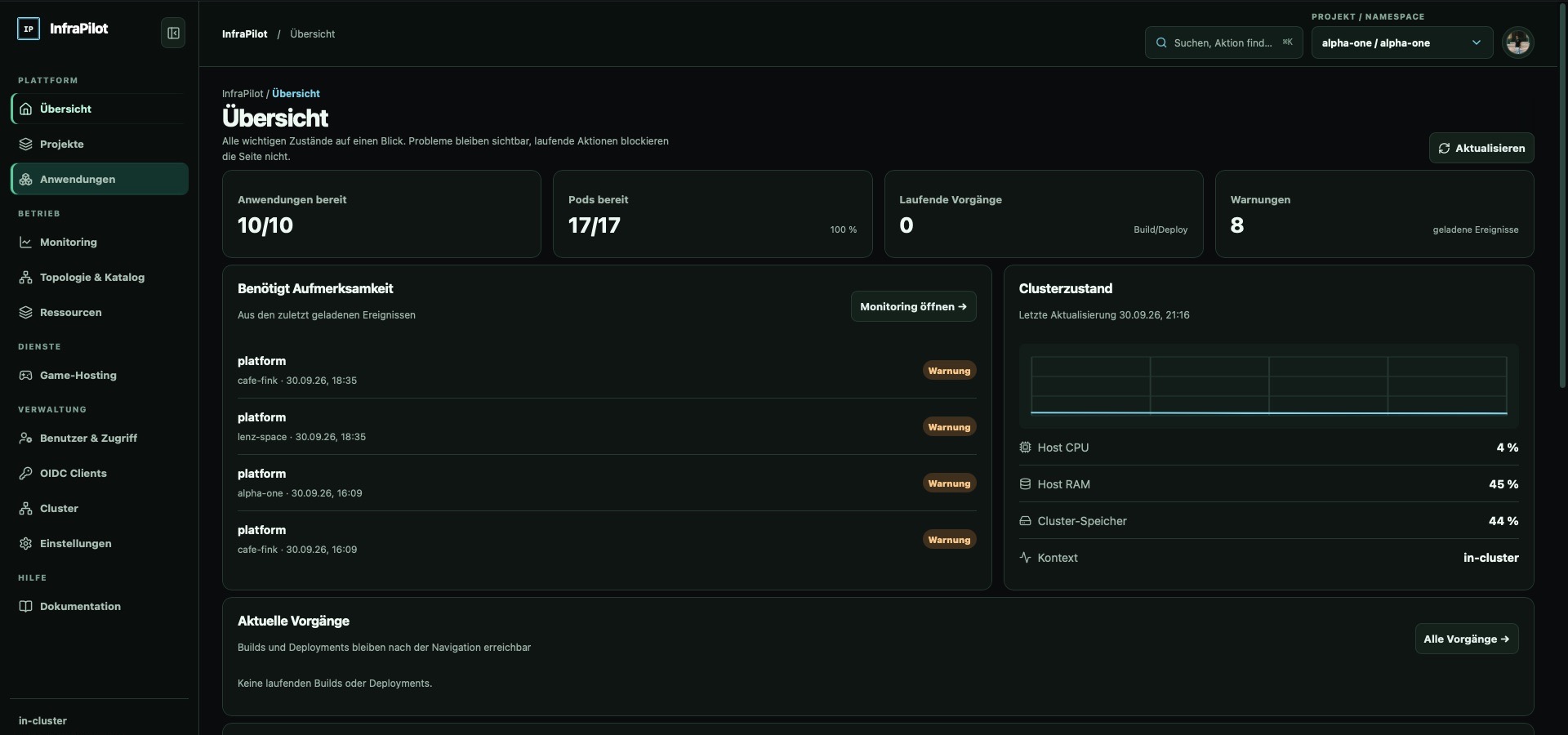 InfraPilot console showing readiness metrics, alerts, and cluster health